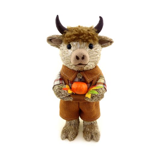 Fern Straw Brown Highland Cow with Orange Checked Dress Holding Flower