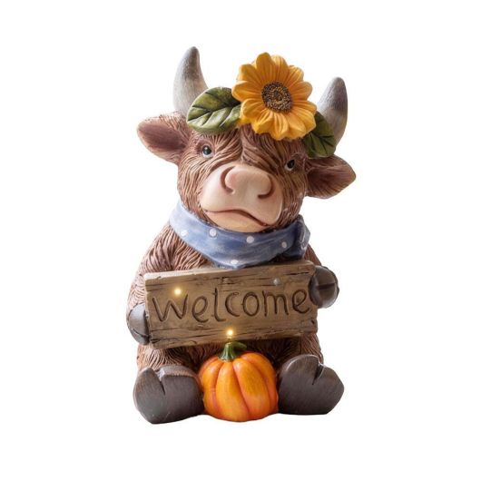 Fern & Fable Light-Up Highland Cow with Pumpkin Decoration - Warm White LEDs
